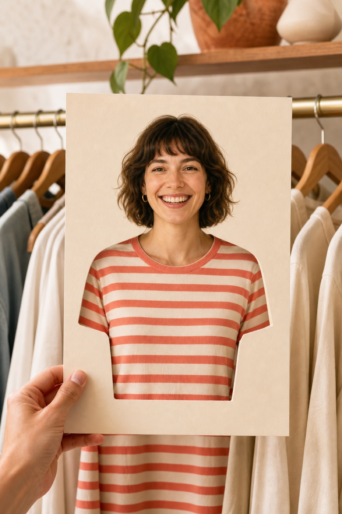 PeekFit demo: a photo with a see-through shirt cut-out held over a clothes rack